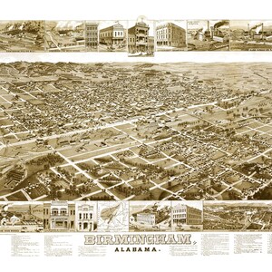 Birmingham, Alabama in 1885 - Bird&#39;s Eye View Map, Aerial, Panorama, Vintage, Antique, Reproduction, Giclée, Fine Art, Wall Map, History