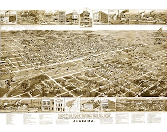 Birmingham, Alabama in 1885 - Bird's Eye View Map, Aerial, Panorama, Vintage, Antique, Reproduction, Giclée, Fine Art, Wall Map, History