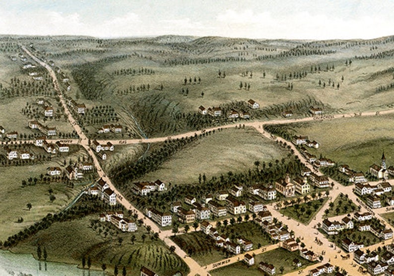 Wiscasset, Maine in 1878 Bird's Eye View Map, Aerial, Panorama, Vintage