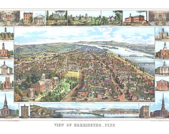 Harrisburg, Pennsylvania in 1855 - Bird's Eye View, Map, Aerial, Panorama, Vintage, Antique, Fine Art, Wall Art, History