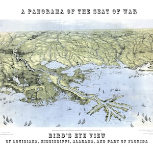 Louisiana, Mississippi, Alabama, and Part of Florida 1861 - Bird's Eye View, Aerial, Panorama, Vintage, Antique, Reproduction, Fine Art
