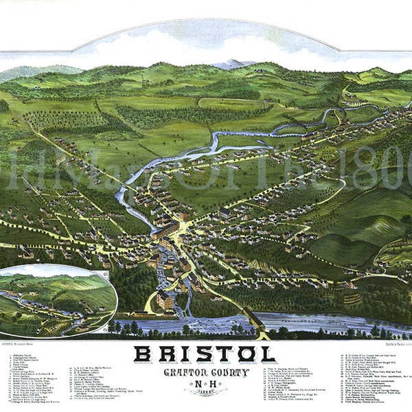 Bristol, New Hampshire in 1884 - Bird's Eye View Map, Aerial, Panorama, Vintage, Antique, Reproduction, Giclée, Framable, Fine Art