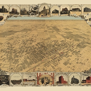 Fresno, California in 1901 - Bird&#39;s Eye View, Map, Aerial, Panorama, Vintage, Antique, Fine Art, Wall Art, History, Giclée