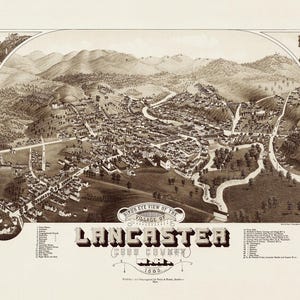 Lancaster, New Hampshire en 1883 - Carte vue aérienne, carte aérienne, panorama, carte vintage, carte ancienne, reproduction, encadré, carte beaux-arts