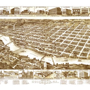 Columbus, Georgia in 1886 - Bird&#39;s Eye View, Aerial map, Panorama, Vintage, Antique map, Reproduction, Giclée, Fine Art, Wall Art, History