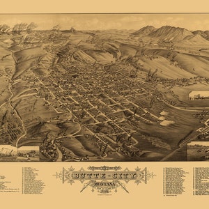 Butte-City, Montana in 1884- Bird&#39;s Eye View Map, Aerial, Panorama, Vintage Map, Antique, Reproduction, Fine Art, Wall Art, History, Decor