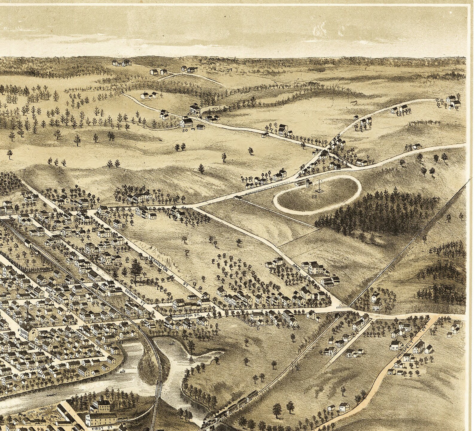 Dover, New Hampshire in 1877 Bird's Eye View Map, Aerial, Panorama