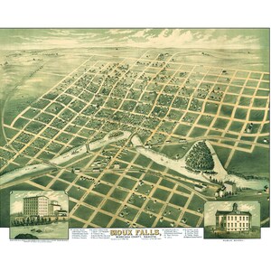 Sioux Falls, South Dakota in 1881 - Bird&#39;s Eye View, Map, Aerial, Panorama, Vintage, Antique, Fine Art, Wall art