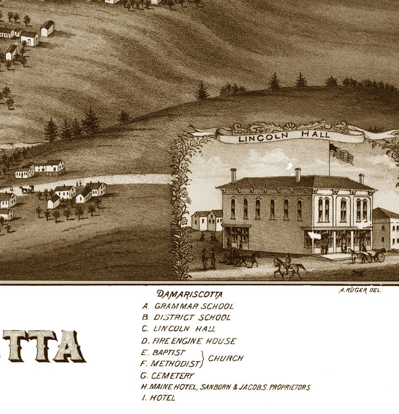 Newcastle & Damariscotta, Maine in 1878 Bird's Eye View Map, Aerial