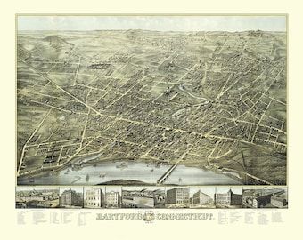 May include: An antique bird's-eye view map of Hartford, Connecticut, from 1877. The map shows the city's streets, buildings, and waterways. The map is in black and white with some hand-coloured details.