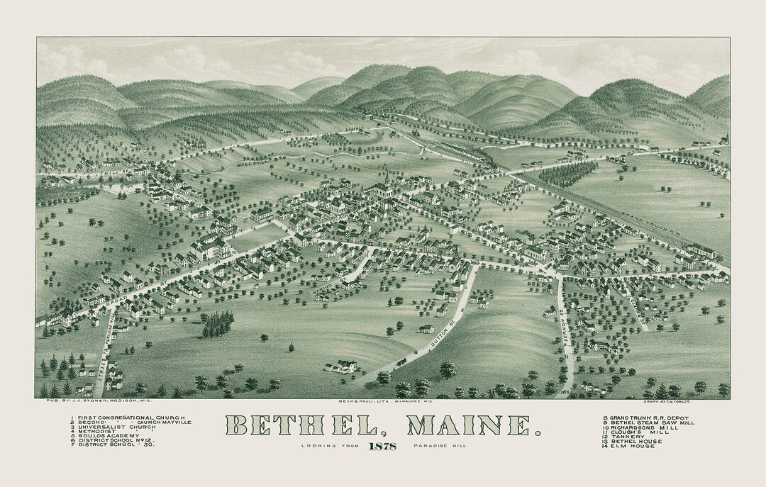 Bethel, Maine in 1878 Bird's Eye View Map, Aerial, Panorama, Vintage