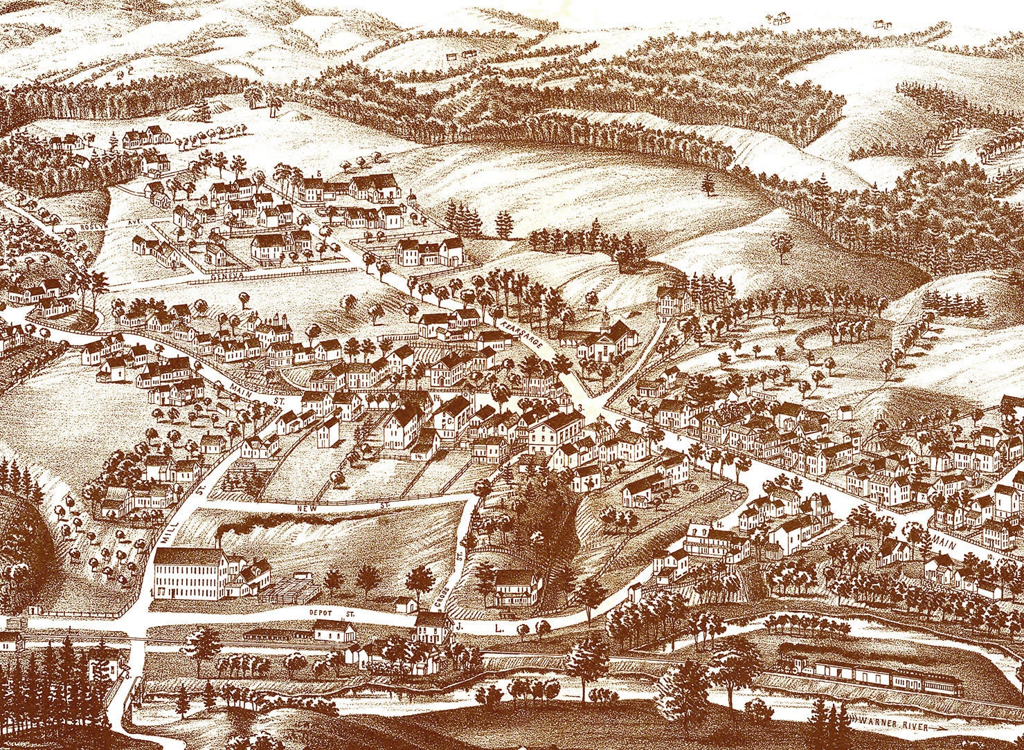 Warner, New Hampshire in 1887 Bird's Eye View, Aerial, Panorama