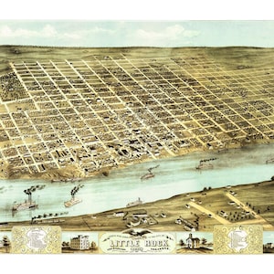 Little Rock, Arkansas en 1871 - Vue à vol d'oiseau, Vue aérienne, Panorama, vintage, Carte ancienne, Reproduction, Giclée, Beaux-arts, Carte murale, Histoire