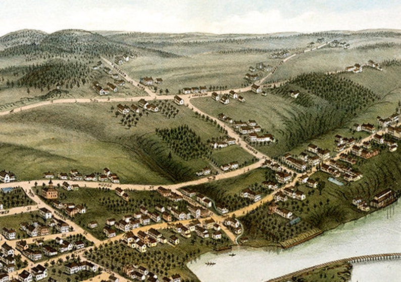 Wiscasset, Maine in 1878 Bird's Eye View Map, Aerial, Panorama, Vintage