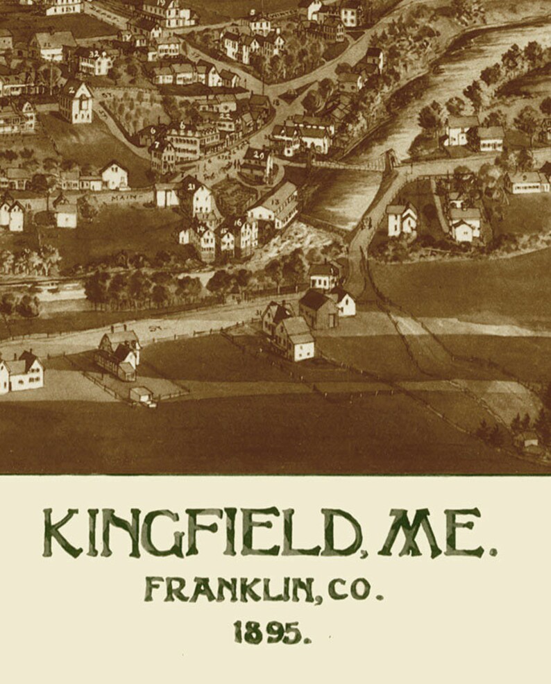 Kingfield, Maine in 1895 Bird's Eye View Map, Aerial, Panorama, Vintage
