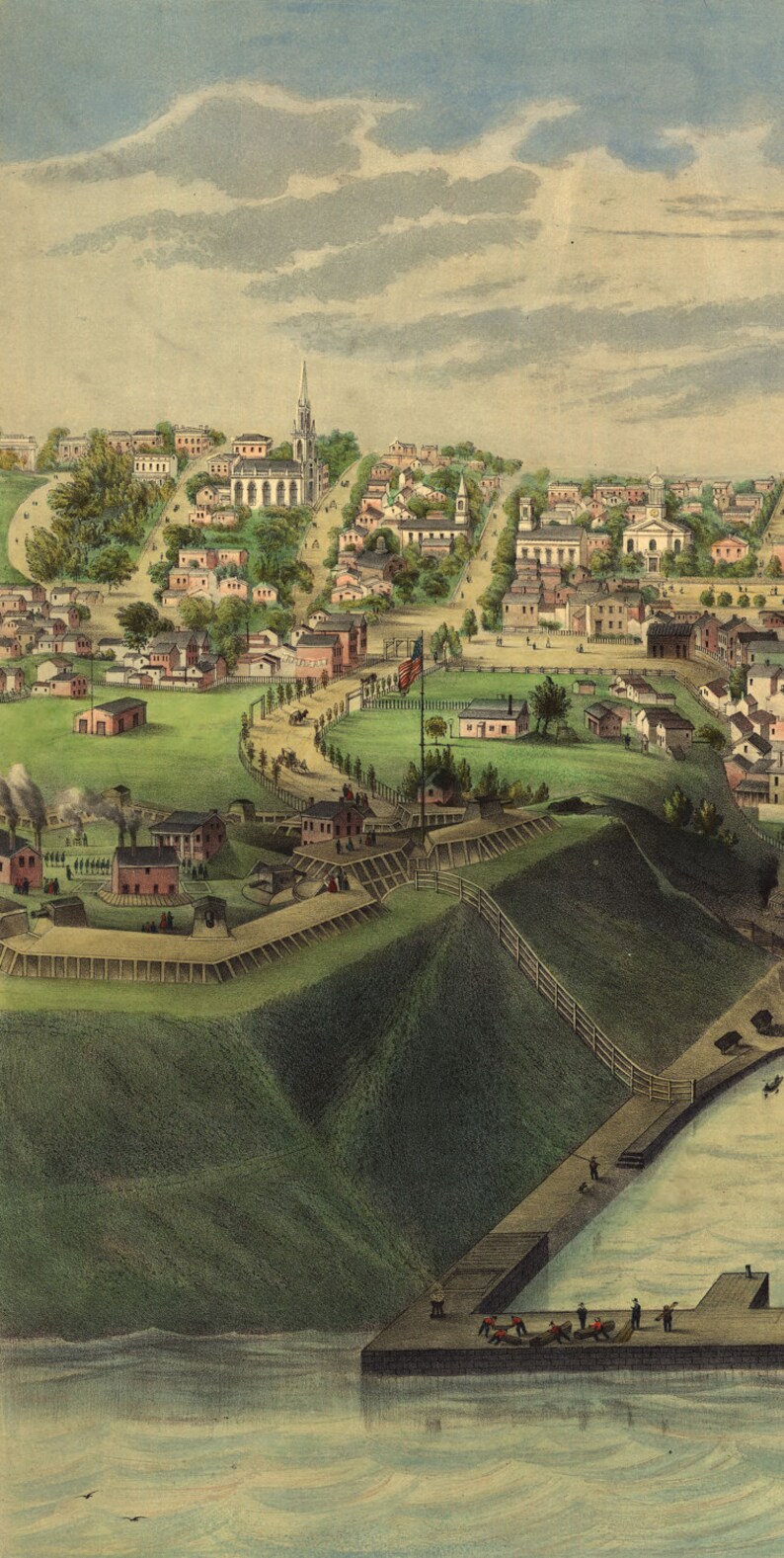Framable Panorama Fine Art Wall art Reproduction Oswego New York in 1855 Antique Aerial Vintage Bird/'s Eye View Map Gicl\u00e9e