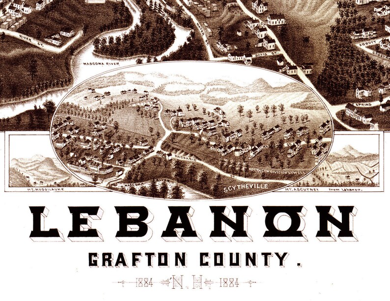Lebanon, New Hampshire in 1884 Bird's Eye View Map, Aerial, Panorama