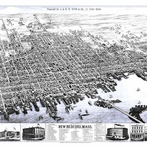 New Bedford, Massachusetts en 1876 - Vue aérienne, aérienne, panorama, vintage, carte ancienne, reproduction, giclée, carte à encadrer, beaux-arts