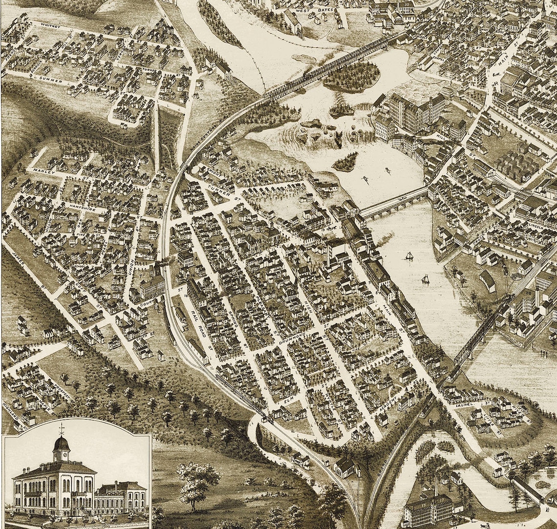Lewiston and Auburn Maine in 1875 Bird's Eye View Map Etsy