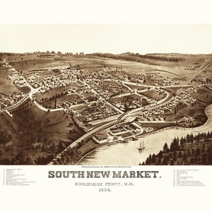 South New Market (Newfields), New Hampshire en 1884 - Vue à vol d'oiseau, Aérienne, Panorama, vintage, Carte ancienne, giclée, Fine Art, carte murale