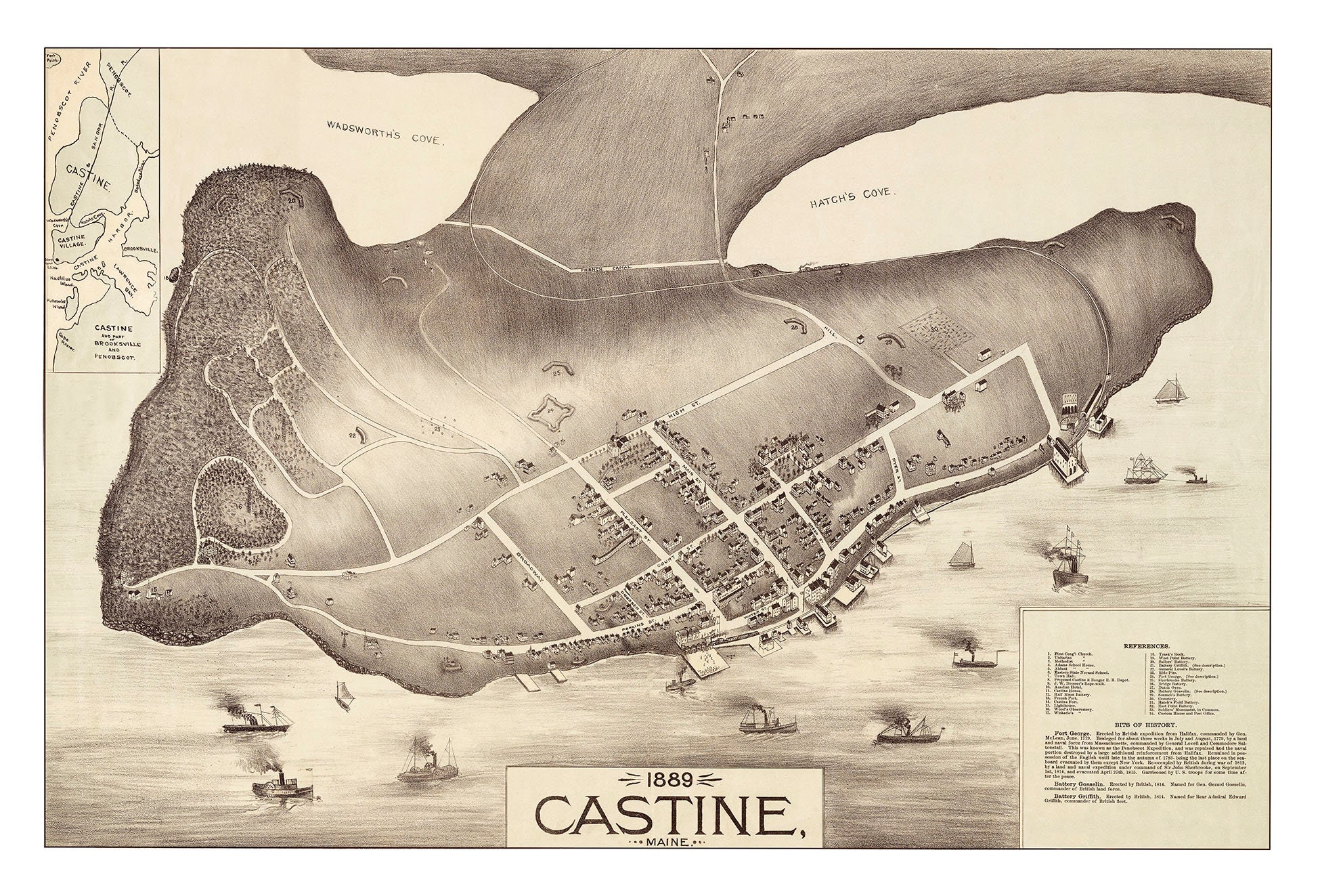 Castine, Maine in 1889 Bird's Eye View Map, Aerial, Panorama, Vintage