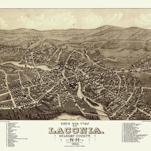 Laconia, New Hampshire en 1883 - Carte avec vue plongeante, aérienne, panorama, vintage, antiquité, reproduction, giclée, encadré, beaux-arts