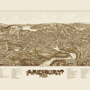 Amesbury, Massachusetts in 1890 - Bird&#39;s Eye View, Aerial map, Panorama, Vintage, Antique map, Reproduction, Giclée, Framable map, Fine Art