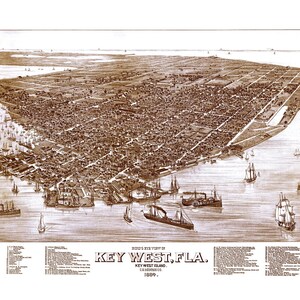 Key West, Floride en 1884 - carte vue plongeante, aérienne, panorama, vintage, antiquité, reproduction, giclée, beaux-arts, art mural, histoire
