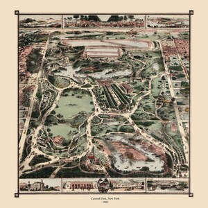 Central Park, New York en 1860 - vue aérienne, vue aérienne, panorama, vintage, carte ancienne, reproduction, giclée, beaux-arts, carte murale, histoire