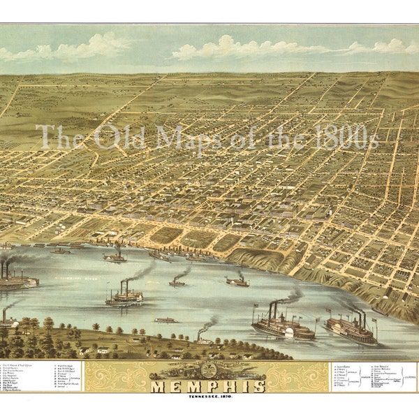 Memphis, Tennessee in 1870 - Bird's Eye View, Map, Aerial, Panorama, Vintage, Antique, Fine Art, Wall Art, History