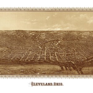 Cleveland, Ohio in 1887 - Bird&#39;s Eye View Map, Aerial, Panorama map, Vintage map, Antique map, Reproduction, Giclée, Framable map, Fine Art