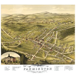 Farmington, New Hampshire en 1877 - carte avec vue plongeante, aérienne, panorama, vintage, antiquité, reproduction, giclée, encadré, beaux-arts