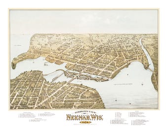 Neenah, Wisconsin in 1879- Bird's Eye View Map, Aerial, Panorama, Vintage, Antique, Reproduction, Giclée, Fine Art, Wall Art, History