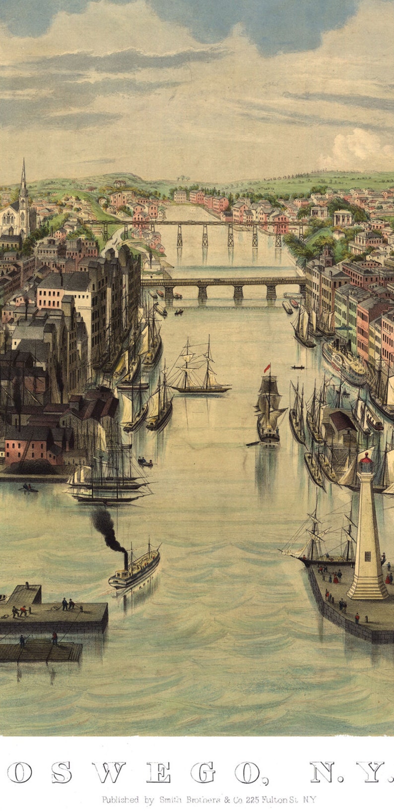 Framable Panorama Fine Art Wall art Reproduction Oswego New York in 1855 Antique Aerial Vintage Bird/'s Eye View Map Gicl\u00e9e