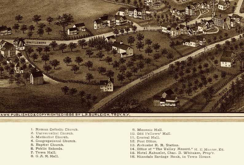 Hinsdale New Hampshire in 1886 Bird's Eye View Map Etsy UK