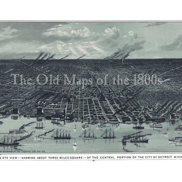 Central Detroit, Michigan in 1889 - Bird's Eye View Map, Aerial, Panorama, Vintage, Antique, Reproduction, Giclée, Framable, Fine Art