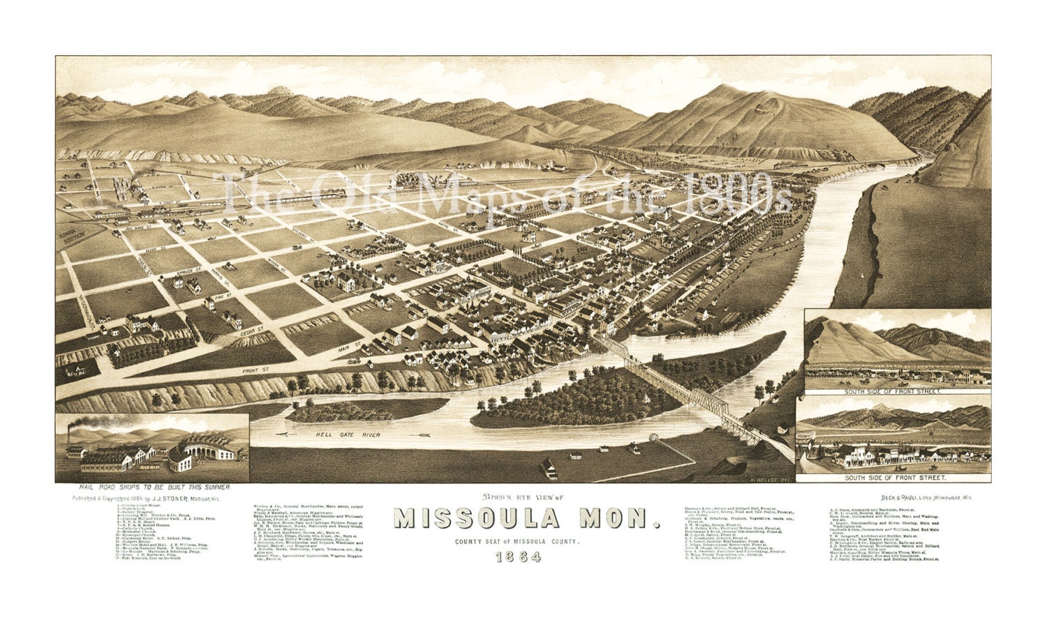 Missoula Montana in 1884 Birds Eye View Map Aerial