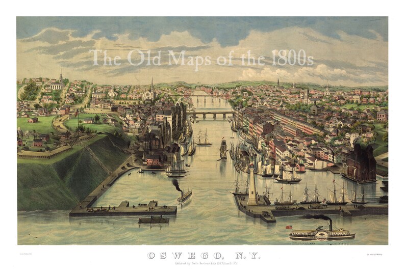Framable Panorama Fine Art Wall art Reproduction Oswego New York in 1855 Antique Aerial Vintage Bird/'s Eye View Map Gicl\u00e9e