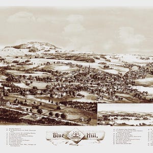 Blue Hill, Maine in 1896 - Bird&#39;s Eye View Map, Aerial, Panorama, Vintage, Antique, Reproduction, Giclée, Framable, Fine Art