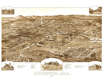 Anniston, Alabama in 1887 - Bird's Eye View Map, Aerial, Panorama, Vintage, Antique, Reproduction, Giclée, Fine Art, Wall Map, History
