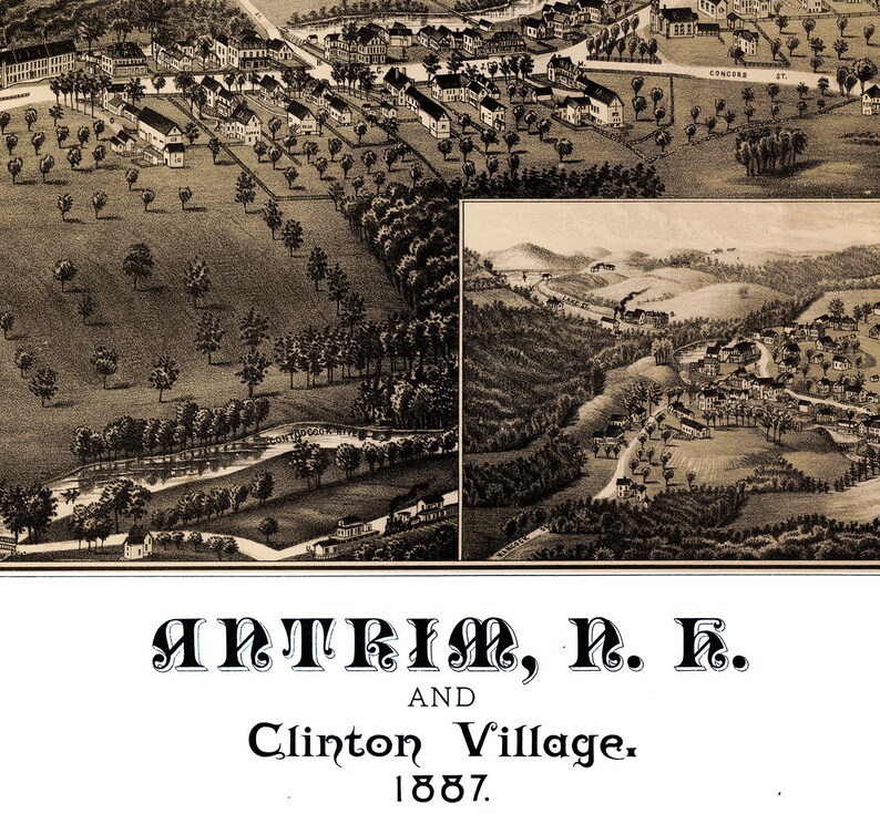 Antrim, New Hampshire & Clinton Village in 1887 Bird's Eye View, Aerial