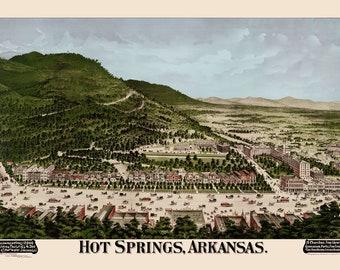 Hot Springs Arkansas in 1890 - Bird's Eye View Map, Aerial map, Panorama, Vintage map, Antique map, Reproduction, Giclée, Wall map, Fine Art