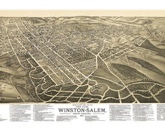 May include: A vintage black and white bird's-eye view map of Winston-Salem, North Carolina. The map shows the layout of the city with streets, buildings, and parks. The text "Bird's-eye view of the Twin Cities, Winston-Salem, North Carolina, 1886" is at the bottom of the map.