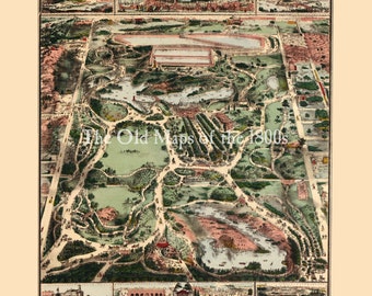 Central Park, New York in 1860- Bird's Eye View, Aerial, Panorama, Vintage, Antique Map, Reproduction, Giclée, Fine Art, Wall Map, History