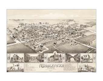 Middletown, Delaware in 1885 - Bird&#39;s Eye View, Aerial, Panorama, Vintage, Antique, Reproduction, Giclée, Fine Art, History