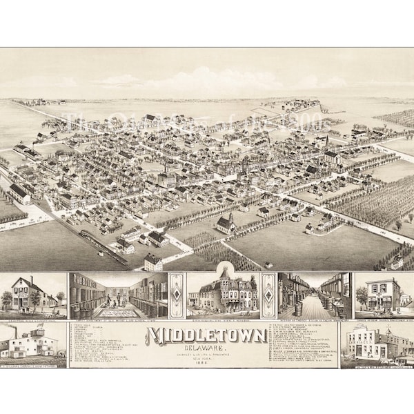 Middletown, Delaware in 1885 - Bird's Eye View, Aerial, Panorama, Vintage, Antique, Reproduction, Giclée, Fine Art, History