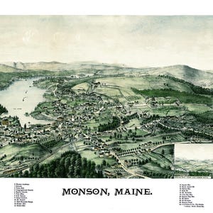 Monson, Maine in 1889 - Bird&#39;s Eye View Map, Aerial, Panorama, Vintage, Antique, Reproduction, Giclée, Framable, Fine Art
