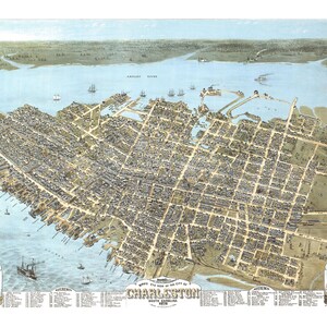 Charleston, South Carolina in 1872 - Bird&#39;s Eye View, Map, Aerial, Panorama, Vintage, Antique, Fine Art, Wall art
