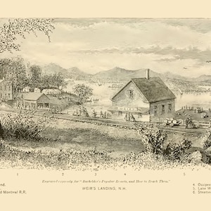 Weir's Landing, New Hampshire en 1874 - Carte vue à vol d'oiseau, Aérienne, Panorama, vintage, Antique, Reproduction, Giclée, Beaux-Arts, Histoire