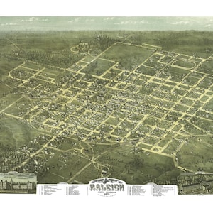 Raleigh, North Carolina in 1872 - Bird&#39;s Eye View, Aerial, Panorama, Vintage, Antique, Reproduction, Giclée, Framable, Fine Art, Wall art